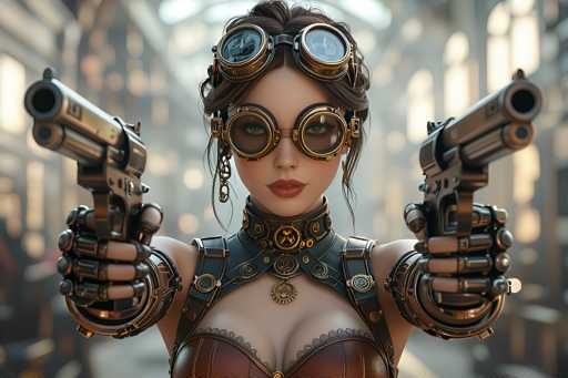 This image depicts a highly detailed, computer-generated female character, reminiscent of a video game or animated movie. She stands in a dynamic pose, facing the viewer with both arms extended forward, each hand gripping a silver revolver pointed directly at the camera. Her attire is a striking blend of steampunk and futuristic elements, featuring a brown leather bustier with black lace trim, a black leather choker adorned with a gold medallion, and matching leather straps on her shoulders. Her arms are encased in black leather gauntlets, adding to her formidable appearance.

Her face is framed by short brown hair, partially pulled back, and she wears large, round goggles with gold rims that cover her eyes. Additional goggles rest atop her head. She sports a pair of long, dangling earrings and has red lipstick that accentuates her serious expression. The background is blurred, suggesting an outdoor setting with buildings and windows, but the focus remains sharply on her. The overall color palette of the image includes shades of brown, black, gold, silver, and hints of red, enhancing the steampunk aesthetic.