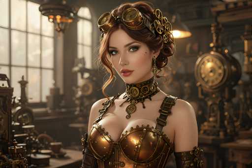 The image depicts a highly detailed, computer-generated scene of a woman in a steampunk-inspired setting. She is adorned in a striking copper-colored brassiere with intricate metalwork, complemented by matching elbow-length gloves. Her attire includes a choker necklace and a headpiece featuring a clock and gears, with additional gears adorning her hair. She wears steampunk goggles on her forehead and has auburn hair styled in an updo with loose curls framing her face. Her makeup is bold, with red lipstick and heavy eye makeup. The background reveals a workshop filled with various metallic objects, including a large clock on the right and a window on the left, through which daylight streams. The overall color palette of the image is dominated by golds, bronzes, and browns, enhancing the steampunk aesthetic.