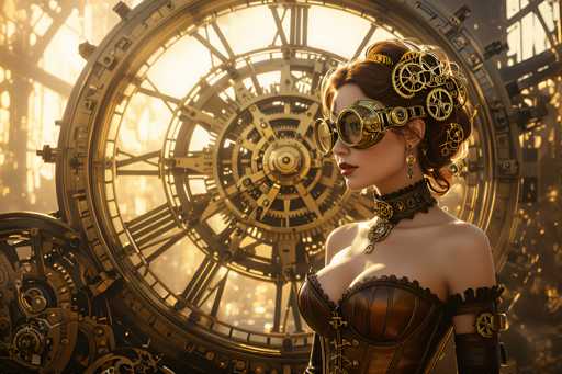 The image depicts a highly detailed, computer-generated scene of a woman standing in front of an enormous, intricate clock. The clock, which dominates the background, features a large gear at its center with Roman numerals encircling it, and smaller gears positioned around the outer rim. The woman, who has fair skin and reddish-brown hair styled in a bun, is adorned with steampunk-inspired accessories. She wears round, gold goggles with black lenses, and her hair is decorated with golden gears. Her attire includes a brown corset with black frills at the top, a choker necklace embellished with gears, and long black gloves extending to her elbows. The entire scene is bathed in a golden hue, enhancing the steampunk aesthetic.