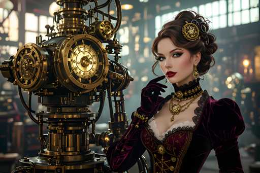 The image depicts a highly detailed, computer-generated scene of a woman standing next to an elaborate steampunk machine. The woman, who has fair skin and brown hair styled in an updo with a gold medallion, is adorned in a Victorian-inspired outfit. She wears a burgundy velvet dress with intricate gold and black lace detailing, a deep V-neck, and a choker necklace. Her accessories include long, dangling earrings and a gold medallion on her forehead. She has red lipstick and is wearing a black glove on her right hand, which is raised to her chin. The steampunk machine beside her is a complex assembly of brass, gold, and black gears, pipes, and wires, resembling a large telescope or microscope. The background is blurred, revealing a large window with light streaming through and a few hanging lights, suggesting the setting is a workshop or factory. The overall aesthetic combines elements of Victorian fashion with a steampunk mechanical theme.