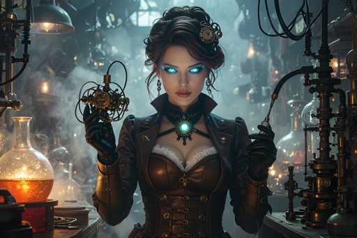 The image depicts a highly detailed, computer-generated scene of a woman standing in a dark, smoky laboratory filled with scientific equipment. She is dressed in a steampunk-inspired outfit, featuring a brown leather jacket over a corset-like top with white frills and a black choker necklace adorned with a glowing blue orb. Her hair is styled in an elaborate updo with a clock embedded in it, and she wears black leather gloves. Her eyes are strikingly glowing blue, adding to her otherworldly appearance. In her right hand, she holds a complex mechanical device with wires and gears, while her left hand grasps a long metal rod. The background is filled with various pieces of machinery, including a large beaker containing a glowing orange liquid on the left and a machine with a hose on the right. The scene is illuminated by a hanging light in the upper left corner, casting a dim glow over the foggy, industrial setting.