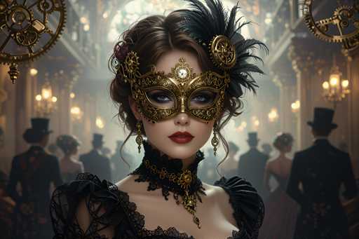 The image depicts a highly detailed, computer-generated scene of a masquerade ball set in a grand, opulent ballroom. The focal point is a striking woman in the foreground, adorned in a black lace dress with puffy sleeves. She wears an elaborate gold mask that covers her eyes and nose, embellished with intricate gears and feathers. A matching choker with gears extends from her mask, complementing her red lipstick and blue eyes. Her brown hair is styled in an elegant updo, with a feathered headdress adding to her sophisticated appearance. She also sports long, dangling earrings. The background reveals a bustling ballroom filled with elegantly dressed men in top hats and tuxedos, and women in long gowns, all engaged in lively conversation. The room is illuminated by chandeliers and features a balcony with a large window, allowing natural light to filter in. The overall ambiance is one of grandeur and celebration, capturing the essence of a masquerade ball.