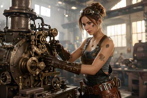 In this detailed image, a woman is depicted in a steampunk-inspired setting, reminiscent of a video game or movie scene. She is dressed in a gray tank top with brown suspenders and a black leather belt adorned with various tools, including a hammer, wrench, and screwdriver. Her attire is completed with brown leather gloves and goggles perched on her forehead. Her brown hair is styled in a bun, and she has a noticeable tattoo on her left arm. The woman is intently working on a large, intricate piece of machinery that features numerous gears, pipes, and wheels, all in shades of brown and bronze. The background reveals a spacious workshop with large windows, a wooden table cluttered with tools, and a man working at a different station. The overall scene is bathed in a warm, yellow light, enhancing the vintage and industrial atmosphere.