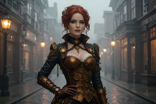In this detailed, computer-generated image, a striking woman stands confidently in the center of a cobblestone street, flanked by buildings on either side. The scene is set in a foggy, gray atmosphere, reminiscent of a Victorian-era city, possibly London. The woman, who has vibrant red hair styled in an updo with a few loose strands framing her face, is adorned with a gold barrette and small dangling earrings. Her makeup is bold, featuring dark eyeshadow, black eyeliner, and red lipstick.

She wears a distinctive outfit that combines elements of a corset and a jacket, crafted from a bronze-colored material with intricate gears and circles. The jacket has long sleeves, and she pairs it with brown leather gloves that extend up to her elbows. A black choker with a gold pendant adorns her neck, adding to her steampunk aesthetic. Her pose is assertive, with one hand resting on her hip.

The background features old-style buildings with lit windows and street lamps, enhancing the vintage ambiance. The cobblestone street and the foggy sky contribute to the overall mysterious and enchanting mood of the image.