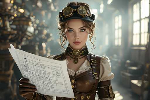 The image depicts a highly detailed, computer-generated or AI-generated illustration of a young woman in her 20s, dressed in a steampunk-inspired outfit. She has brown hair styled in a bun with loose curls framing her face, and she wears a black leather headband adorned with two large, gold-rimmed goggles. Her striking blue eyes and pink lips add to her captivating appearance. She is dressed in a white blouse with puffy sleeves, layered under a brown leather vest that features gold buttons and straps. Around her neck, she wears a choker with a prominent gold medallion, and additional leather straps and buckles accentuate her outfit. She holds a white piece of paper with black line drawings, possibly blueprints or schematics, in her right hand, which is gloved in brown leather. The background is blurred but suggests a workshop or study filled with various tools and machinery, illuminated by sunlight streaming through windows on the right side.