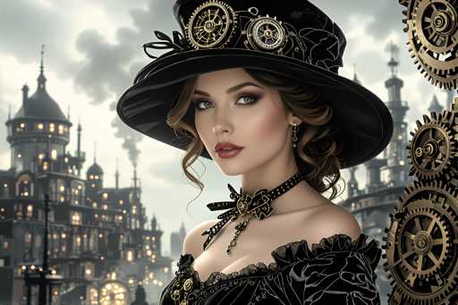 A woman is standing against a backdrop featuring a large clock tower and other buildings with intricate designs. She is wearing a black hat adorned with gold gears and a black dress that complements the overall theme of the image. The woman's gaze is directed towards the camera, creating an engaging visual narrative.