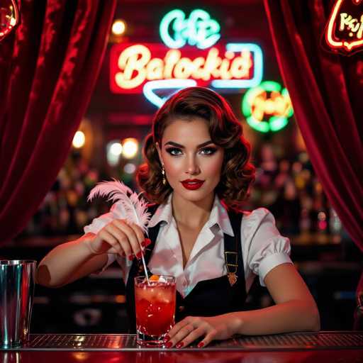 A glamorous barmaid, with vibrant red lipstick and a confident gaze, expertly pours a cocktail. She's framed by glowing neon signs and plush velvet curtains in a cinematic, saturated-color shot. The shallow focus emphasizes her poised hands and the vibrant drink, creating a stylish, vintage bar ambiance.