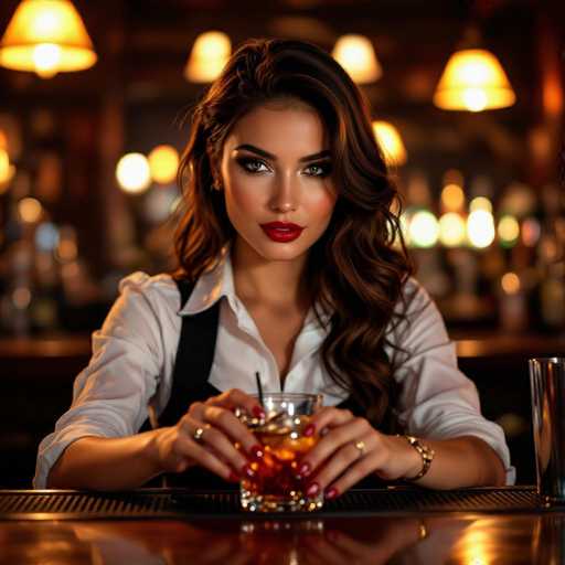 A captivating barmaid with smoky eyes and bold red lips commands attention, her reflection shimmering in the dimly lit mirror behind the bar. She's gracefully mixing a drink, bathed in warm amber light and captured with a shallow depth of field. The image exudes cinematic realism, focusing on the bar's intimate atmosphere and the bartender's alluring presence.