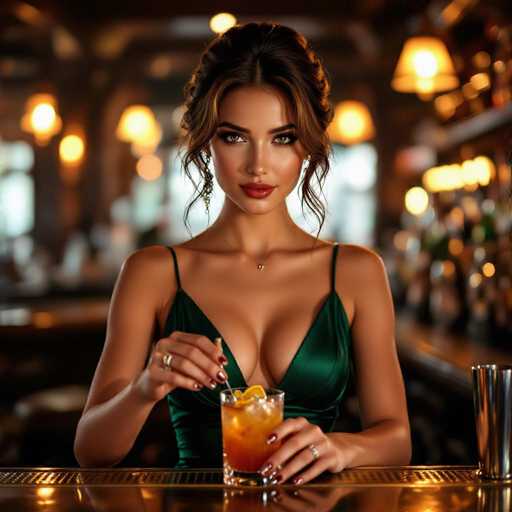 A captivating barmaid in a deep emerald dress commands attention, her intense gaze meeting the viewer. She delicately prepares a vibrant cocktail on a reflective bar surface, bathed in warm golden light. The ultra-detailed photorealistic style emphasizes the intimate setting and her alluring presence, creating a sensual, inviting atmosphere.