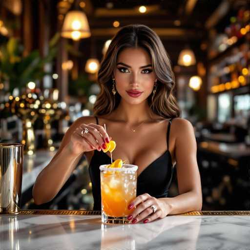 A stunning barmaid with a sultry gaze garnishes a vibrant cocktail, her elegant hands delicately adding citrus. The luxurious bar setting features marble countertops and gold accents, bathed in warm, soft lighting that creates a sophisticated ambiance. The high-resolution photograph showcases a realistic, intimate moment with shallow shadows and a focus on the barmaid's alluring expression.