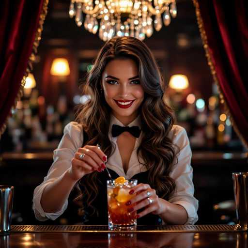 A captivating barmaid with flowing, wavy hair and a playful smile is the focal point, expertly mixing a vibrant cocktail. She's positioned at a dimly lit bar with rich velvet drapes and a sparkling crystal chandelier, creating an intimate, vintage ambiance. The ultra-realistic photograph features soft bokeh and a warm golden hour glow, emphasizing the bar's sophisticated atmosphere.