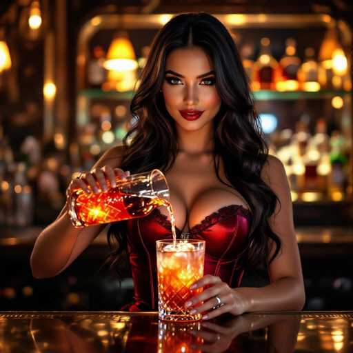 A sultry barmaid with long, dark hair and a deep red corset pours a glowing cocktail into a crystal glass at a dimly lit bar. The hyper-realistic image features soft golden lighting, creating a mirrored reflection of the scene behind her, emphasizing an intimate and luxurious atmosphere.