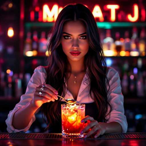 A captivating barmaid with long, dark hair and smoky eyes is the focal point, gracefully stirring a glowing cocktail with a vintage spoon. The shallow focus highlights her and the drink against a blurred, ambient neon-lit bar backdrop. Ultra-realistic skin texture enhances the intimate atmosphere of this stylish portrait.
