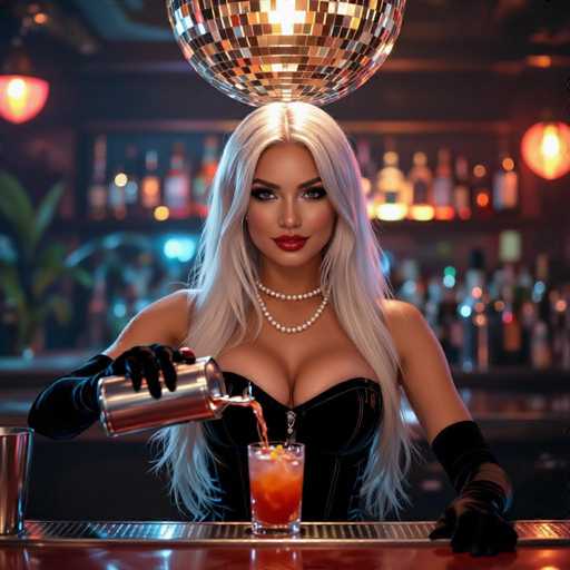 A glamorous barmaid with long platinum hair and a sultry gaze pours a vibrant cocktail into a glass, her black velvet corset and pearl necklace adding to the retro-futuristic lounge's ambiance. A vintage disco ball casts a warm glow, highlighting the intimate spatial relationship between her and the bar setup. The art style is a blend of digital painting and photorealism, emphasizing soft lighting and rich textures.