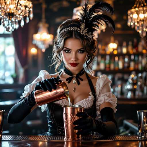 A captivating barmaid, adorned with a feathered headpiece and long gloves, expertly crafts a cocktail in a vintage copper shaker. The scene is bathed in the warm glow of crystal chandeliers, casting deep shadows and highlighting ultra-detailed skin and fabric. The image exudes a vintage, glamorous aesthetic with realistic photography.