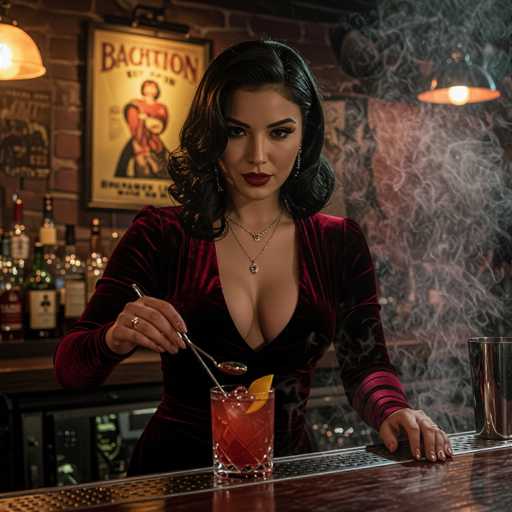 A sultry barmaid in a deep velvet dress with a plunging neckline leans over a dimly lit bar, stirring a vibrant cocktail. Vintage posters adorn the brick wall, and a smoke machine adds a moody atmosphere to this cinematic, gritty realism portrait. The focus is on the barmaid's elegant posture and the cocktail's rich color, creating a captivating, intimate scene.