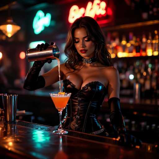 A sultry barmaid in a black corseted bodice and thigh-high boots pours a vibrant orange cocktail into a coupe glass, her movements dramatic. The shallow focus highlights the action while the ambient neon glow creates a dimly lit, intimate bar setting. Ultra-realistic details emphasize the polished aesthetic and focus on the bartender's confident, alluring presence.
