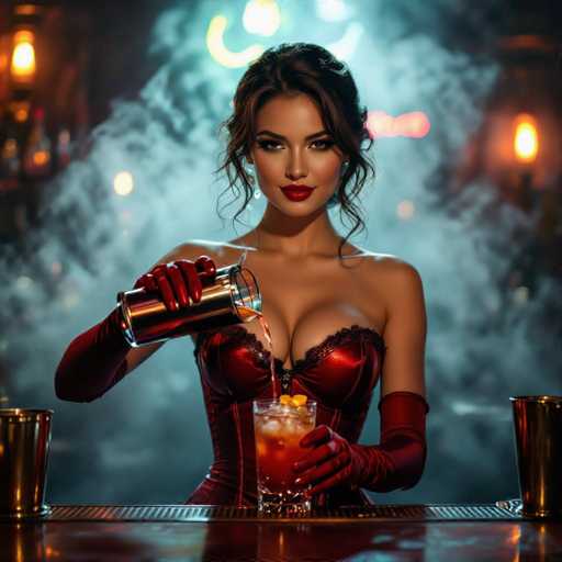 A captivating barmaid in a deep red corset pours a vibrant cocktail with focused precision. The scene is set in a dimly lit, vintage bar with ambient mist and glowing neon lights creating a cinematic atmosphere. The spatial relationship highlights the bartender's confident action, with soft focus emphasizing the intimate setting and photorealistic detail.