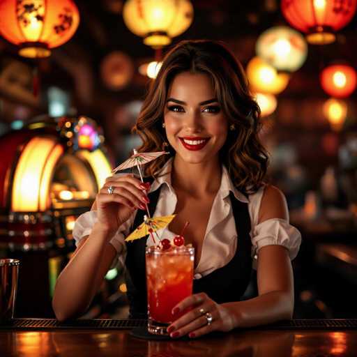 A seductive barmaid with a playful wink holds a vibrant cocktail, garnishing it with a miniature umbrella and cherry. The warm amber tones of the dimly lit bar create a cinematic atmosphere, with hanging lanterns and a vintage jukebox adding to the vintage charm. The shallow depth of field focuses attention on the barmaid and her drink, creating a captivating, intimate scene.