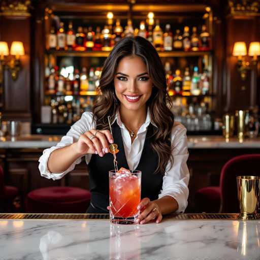 A sultry bartender with smoky eyes and a confident smile expertly crafts a vibrant neon-lit cocktail, ice clinking in the glass. The hyperrealistic image showcases her behind a luxurious marble bar with antique brass fixtures and velvet stools, bathed in rich mahogany tones. The focus is on her skillful hands and the drink's vibrant color, creating a sophisticated bar scene.