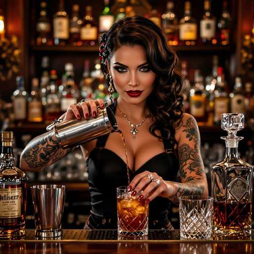 A captivating barmaid with intricate tattoos and smoky makeup expertly crafts a cocktail, her tattooed arm holding a vintage shaker. The warm-toned scene showcases a dimly lit bar with antique liquor bottles and crystal decanters, creating a cinematic depth and high detail. The focus is on the barmaid's skillful action, highlighting a sensual and vintage aesthetic.
