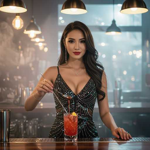A glamorous barmaid in a sparkling sequined dress mid-stir, expertly crafting a vibrant cocktail. The hyper-realistic image features soft bokeh and atmospheric mist, highlighting the warm pendant lights above a blurred bar backdrop. The focus is on her elegant motion and the cocktail's rich color, creating a sophisticated bar scene.