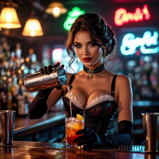 A captivating barmaid in a vintage corset and lace gloves expertly crafts a cocktail, her focused expression highlighted by the soft glow of neon signs. The image showcases ultra-detailed skin and fabric textures, emphasizing a cinematic realism within the dimly lit bar setting.