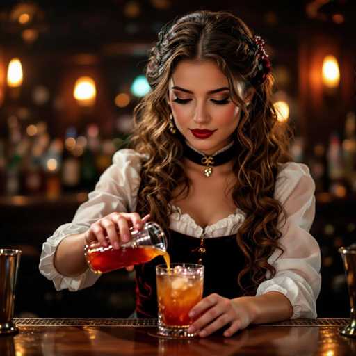 A captivating barmaid with flowing, curly hair and a velvet choker pours a vibrant cocktail in slow motion. The image showcases a vintage bar setting with soft candlelight, creating a cinematic atmosphere. The focus is on the bartender's hands and the swirling liquid, highlighting a sense of elegance and mystery.