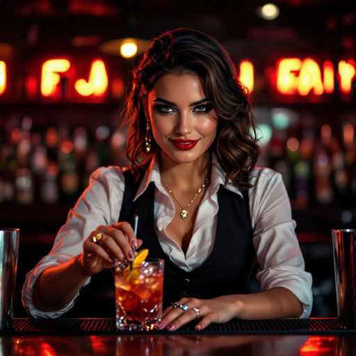 A captivating barmaid, with smoky eyes and a confident smirk, expertly crafts a cocktail in a dimly lit speakeasy. The warm neon lights cast a rich glow on the scene, highlighting her elegant attire and the vibrant drink. The shallow depth of field draws focus to her while the blurred background hints at a lively atmosphere, creating a cinematic and intimate ambiance.