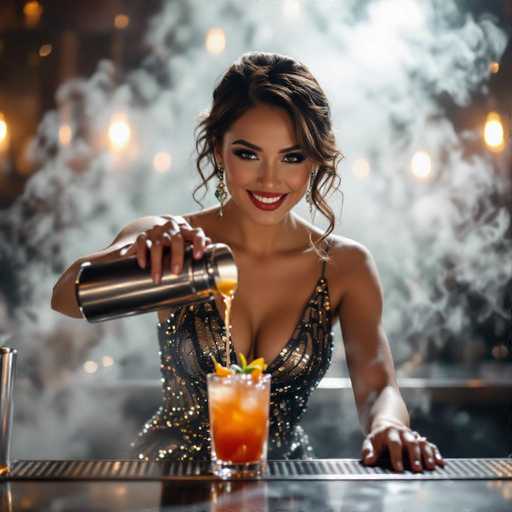 A glamorous bartender in a shimmering sequined gown leans over a bar, expertly pouring a vibrant cocktail. Cinematic lighting and floating garnishes create an atmospheric scene with shallow depth of field, focusing on the bartender's confident smirk and the action. The overall style is evocative and luxurious.