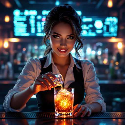 A captivating barmaid with a smoky eye and knowing smile pours a glowing cocktail into a futuristic glass in a dimly lit bar. Holographic menu screens cast vibrant light, creating a high-contrast, photorealistic scene with glowing reflections. The focus is on the barmaid's confident gesture and the drink's luminous glow, emphasizing a mysterious atmosphere.