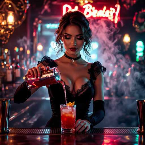 A sultry barmaid in a black lace dress gracefully pours a vibrant cocktail, her focused gaze adding to the intimate atmosphere. The hyper-realistic image showcases a vintage bar setting with neon lights and a misty ambiance, emphasizing the elegant interaction.