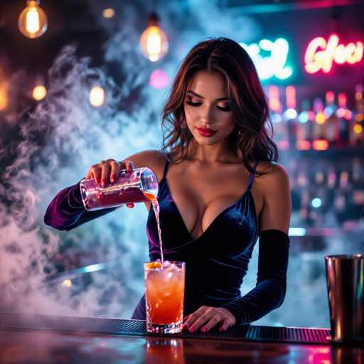 A captivating barmaid in a deep velvet bodysuit gracefully pours a vibrant cocktail, her movements captured in slow motion. The dimly lit bar is filled with ambient smoke and glowing neon lights, creating a moody atmosphere. A shallow depth of field focuses attention on the barmaid and her action, while rich color grading enhances the overall sensual and mysterious ambiance.