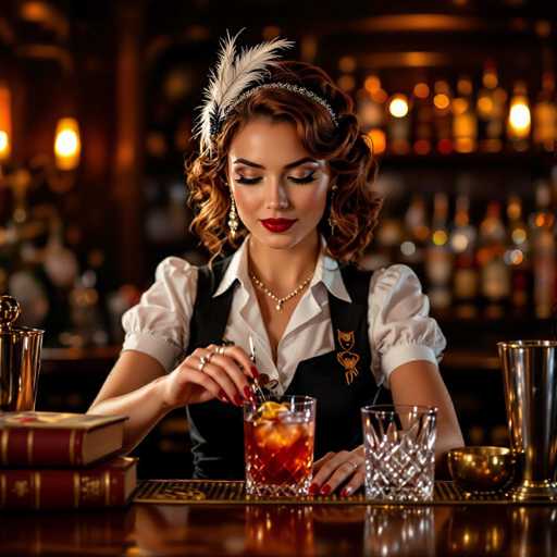 A stylish barmaid with a feathered headband and red lipstick expertly mixes a cocktail, her elegant movements highlighted by warm amber lighting. Vintage cocktail books and ornate glassware surround her on a dark bar, creating a sophisticated, vintage atmosphere with a shallow depth of field focusing on the central action.
