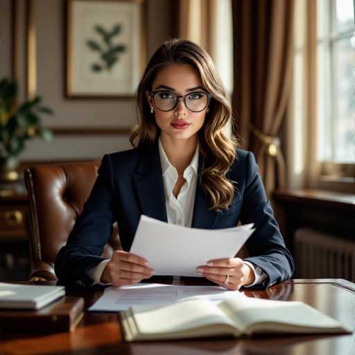 A sophisticated young secretary in a navy suit and cat-eye glasses sits at a vintage-inspired modern desk, intently reviewing documents. The soft morning light creates long shadows in the elegant, high-resolution image. Brass accents and velvet curtains enhance the cinematic composition, focusing on her focused expression with a hint of allure.