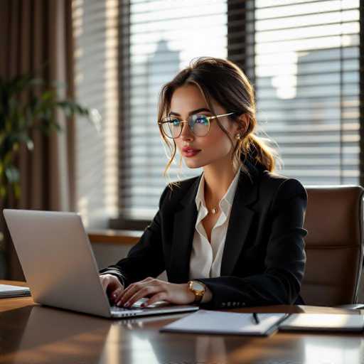 A stylish young secretary with elegant glasses sits at a modern oak desk, intently working on a silver laptop. Soft golden light filters through window blinds, highlighting her thoughtful expression and the rich textures of her attire. The image showcases a professional yet sensual atmosphere with shallow focus, realistic lighting, and high detail.