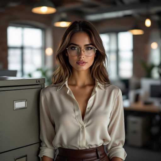 A stylish young woman with a confident gaze leans against a filing cabinet in a chic, modern office. She wears a silk blouse and leather skirt, complemented by thin-framed glasses. The shallow focus highlights her face while the blurred background showcases exposed ductwork and vintage lighting, creating a cinematic, ultra-realistic 8K image.