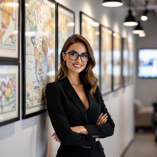 A confident woman with a warm smile and stylish glasses leans against a wall adorned with vintage maps, her arms crossed in a relaxed yet poised stance. The modern office setting features soft overhead lighting casting subtle shadows, highlighting the textured walls and creating a sophisticated atmosphere.