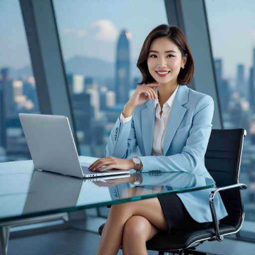 A poised, East Asian professional sits at a sleek glass desk in a modern office, working on a laptop. Dressed in a light blue blazer and black skirt, she exudes confidence with a warm smile. The backdrop of a vibrant city skyline creates a dynamic and aspirational atmosphere, captured with cinematic realism.