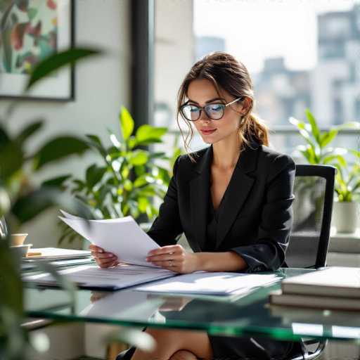A stylish secretary in a black blazer and glasses intently studies documents on a modern glass desk. The sun-filled office features lush greenery, creating a serene and professional atmosphere with crisp textures and shallow depth of field. The image showcases an elegant, thoughtful portrait in a high-detail, ultra-realistic style.