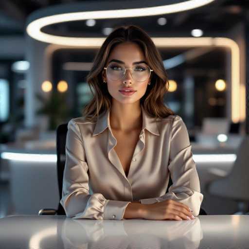 A sophisticated young woman with round glasses commands attention in a modern office setting. Seated at a curved desk, she exudes elegance with her silk blouse and tailored pants. Soft ambient lighting highlights the reflective surfaces, drawing focus to her subtle smile and captivating eyes in this ultra-realistic, 8K portrait.
