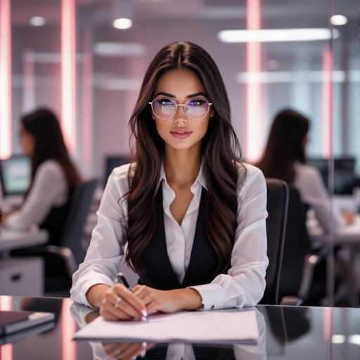 A young, stylish secretary with long dark hair and wire-rimmed glasses sits at a floating desk in a mirrored office, her reflection subtly blurred. The soft pink and silver lighting enhances her elegant presence as she focuses on a notepad, creating an alluring and professional atmosphere.