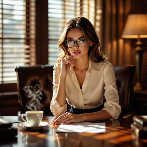 A sophisticated young woman, elegantly dressed in a cream blouse and black skirt, leans over a mahogany desk. A steaming coffee cup sits beside her, while soft shadows from window blinds create an intimate, warm atmosphere. The focus is on her poised posture and the subtle details of her stylish glasses, conveying a sense of refined professionalism.