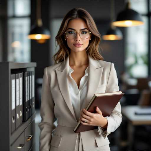 A sophisticated young secretary in a tailored beige pantsuit and stylish oval-framed glasses stands confidently beside a dark filing cabinet. Soft ambient lighting highlights her face, while she holds a brown leather notebook. The modern office setting features subtle reflections and a shallow focus on her captivating eyes, creating an ultra-realistic, cinematic portrait.