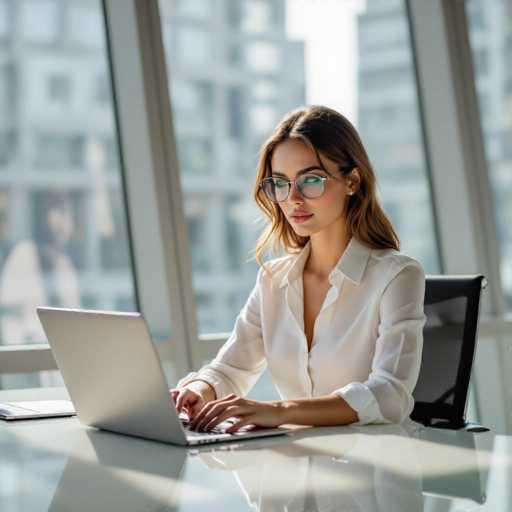 A young woman with elegant glasses sits at a sleek glass desk in a minimalist office, bathed in soft sunlight. She's focused on her laptop, typing with an alluring expression. The scene is modern and polished, emphasizing the woman's confident presence within the clean, bright space.