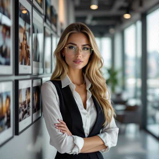 A stylish, blonde woman with gold-rimmed glasses exudes confidence in a contemporary office. She stands relaxed yet poised, arms crossed, against a wall showcasing framed photographs and digital displays. Soft daylight creates gentle shadows, highlighting the polished environment and her elegant presence.