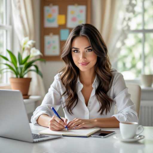 A young woman with glossy dark hair sits at a bright white desk, writing in a notebook. A silver laptop and a cup of coffee are nearby, creating a cozy home office setup. Soft natural light illuminates the scene, highlighting her serene and intellectual charm in this ultra-detailed, realistic shot.