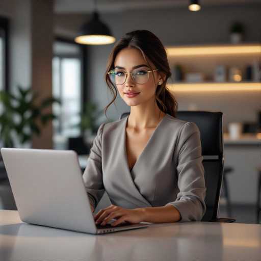 A stylish, confident secretary with elegant glasses works on a laptop in a modern office. The image features a sleek desk, floating shelves with subtle tech, and soft lighting, creating a polished, professional atmosphere. The shallow depth of field highlights the woman's focused expression and the overall sophisticated aesthetic, captured with high detail.