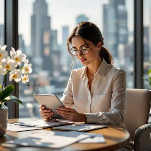A stylish secretary with elegant glasses works on a tablet in a sun-drenched, modern office. The scene features a warm, minimalist aesthetic with floor-to-ceiling windows showcasing a bustling city view. Soft natural light highlights crisp fabrics and metallic details, creating an ultra-realistic, 8K image with a shallow depth of field.