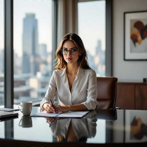 A stylish young secretary, wearing glasses and an elegant blouse, intently works at a sleek glass desk in a modern office. Soft natural light highlights the scene, showcasing rich wood accents and chrome fixtures. The shallow depth of field draws focus to her focused expression, creating a sophisticated and professional atmosphere with a blurred cityscape in the background.